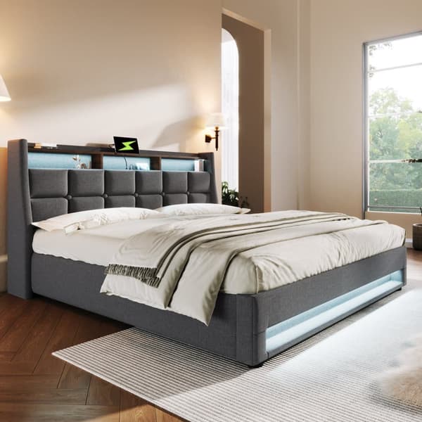 Pellavasänky säilytystilalla 180x200cm LED- ja USB-liitännöillä - sälekehys - harmaa