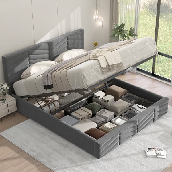 Fløjlsseng med opbevaringsplads og lamelramme + justerbar sengegavl - 140 x 190 cm - grå