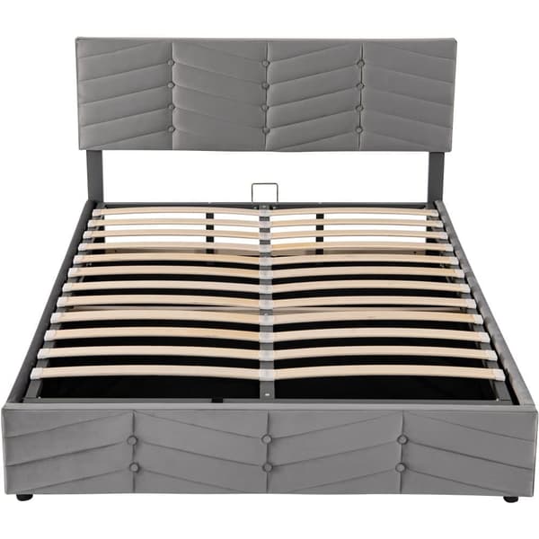 Fløjlsseng med opbevaringsplads og lamelramme + justerbar sengegavl - 140 x 190 cm - grå