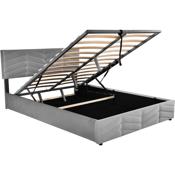 Fløjlsseng med opbevaringsplads og lamelramme + justerbar sengegavl - 140 x 190 cm - grå
