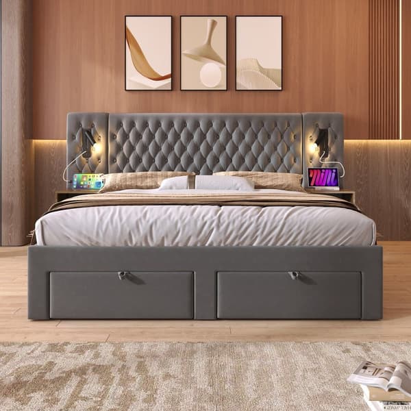 Samettisänky aikuisille 160x200 cm - 2 yöpöytää ja 4 laatikkoa - 2 lukuvaloa USB-liitännällä - harmaa (patja ei sisälly toimitukseen)