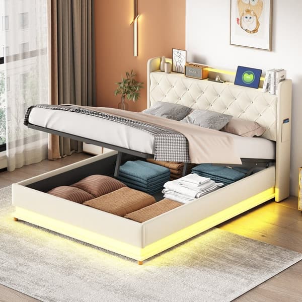 Sängklädd byrå med LED 140 x 200 cm - med USB-laddningsanslutning - Linnetyg - Beige