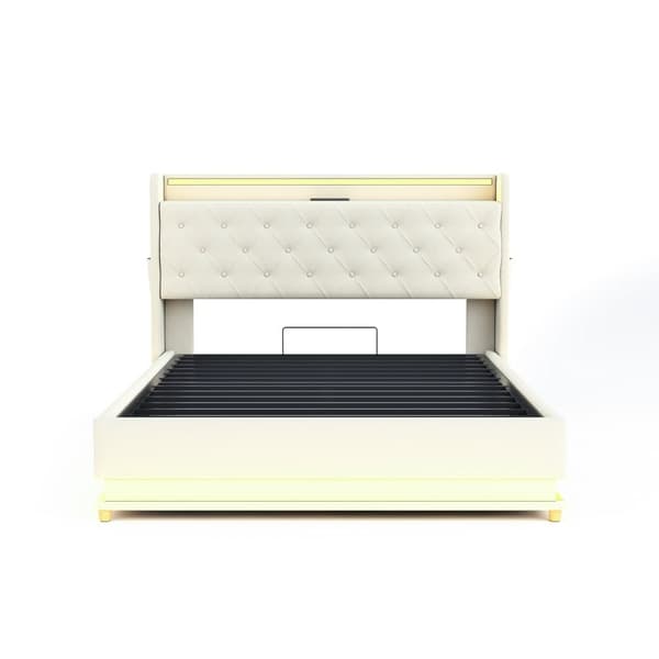 Sängklädd byrå med LED 140 x 200 cm - med USB-laddningsanslutning - Linnetyg - Beige