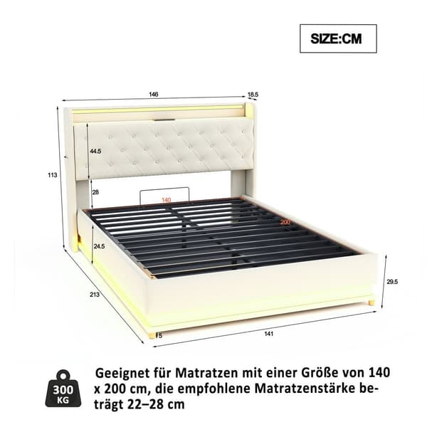 Sängklädd byrå med LED 140 x 200 cm - med USB-laddningsanslutning - Linnetyg - Beige