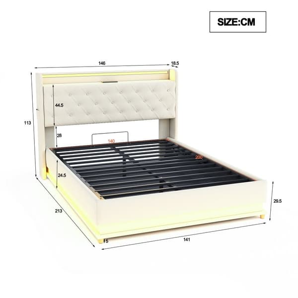 Sängklädd byrå med LED 140 x 200 cm - med USB-laddningsanslutning - Linnetyg - Beige