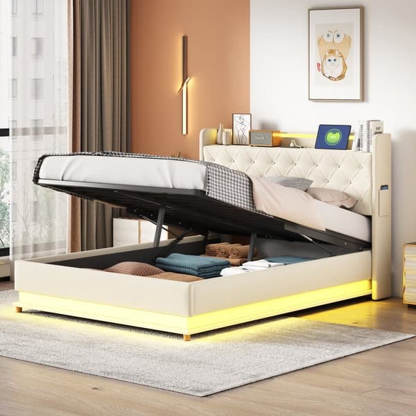 Sängklädd byrå med LED 140 x 200 cm - med USB-laddningsanslutning - Linnetyg - Beige