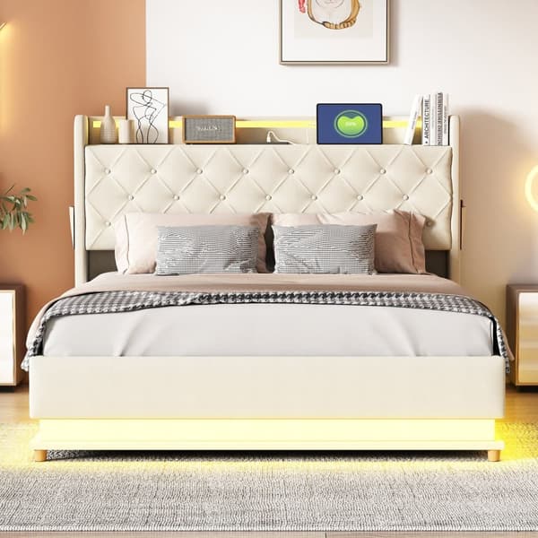 Sängyn peittämä lipasto LEDillä 140 x 200 cm - USB-latausliitännällä - Pellavakangas - Beige