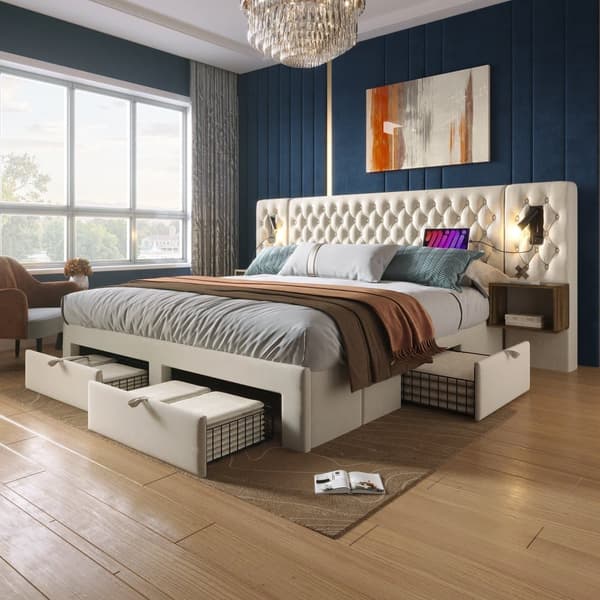 Samettisänky aikuisille 160x200 cm - 2 yöpöytää ja 4 laatikkoa - 2 lukuvaloa USB-liitännällä - beige (patja ei sisälly toimitukseen)