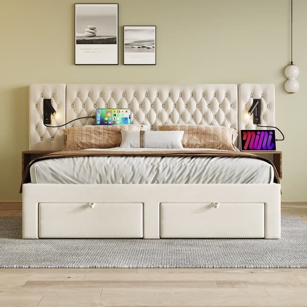 Samettisänky aikuisille 160x200 cm - 2 yöpöytää ja 4 laatikkoa - 2 lukuvaloa USB-liitännällä - beige (patja ei sisälly toimitukseen)