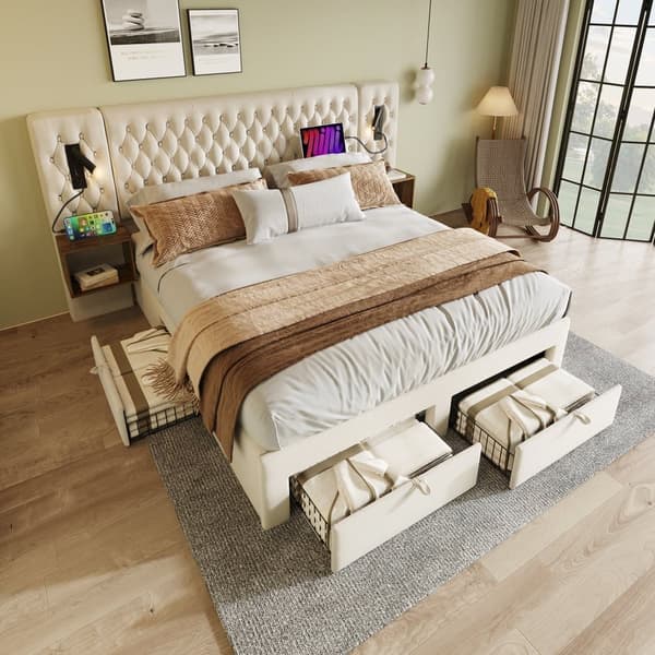Samettisänky aikuisille 160x200 cm - 2 yöpöytää ja 4 laatikkoa - 2 lukuvaloa USB-liitännällä - beige (patja ei sisälly toimitukseen)