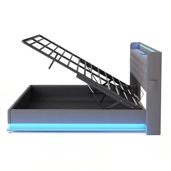 Kommode med LED 160x200 cm - med USB-opladningstilslutning - hørstof - grå