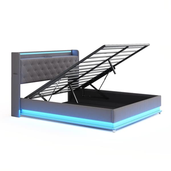 Kommode med LED 160x200 cm - med USB-opladningstilslutning - hørstof - grå