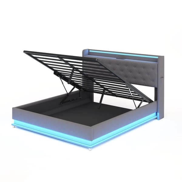 Kommode med LED 160x200 cm - med USB-opladningstilslutning - hørstof - grå