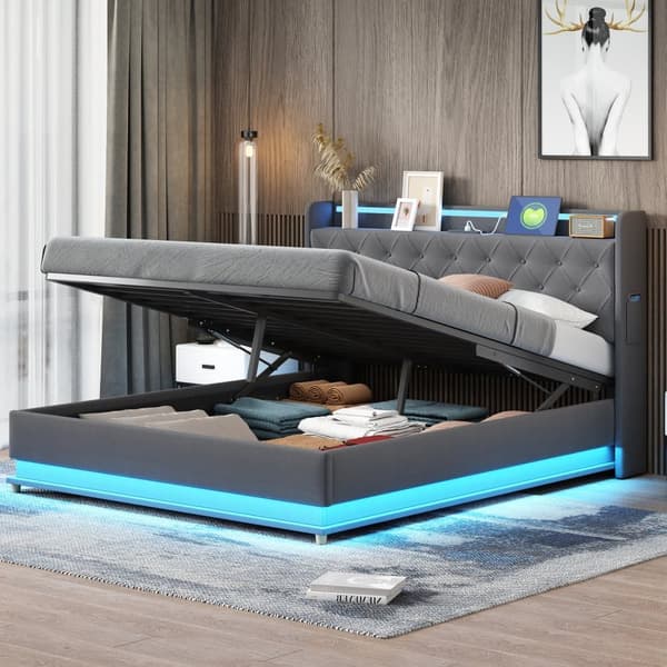 Kommode med LED 160x200 cm - med USB-opladningstilslutning - hørstof - grå