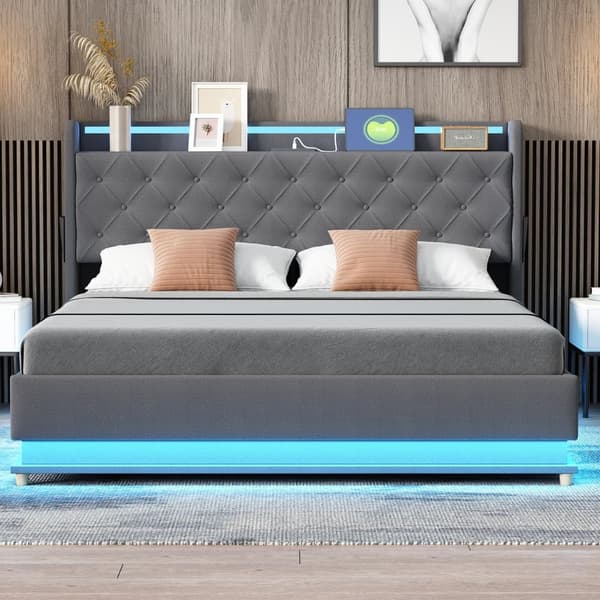 Kommode med LED 160x200 cm - med USB-opladningstilslutning - hørstof - grå