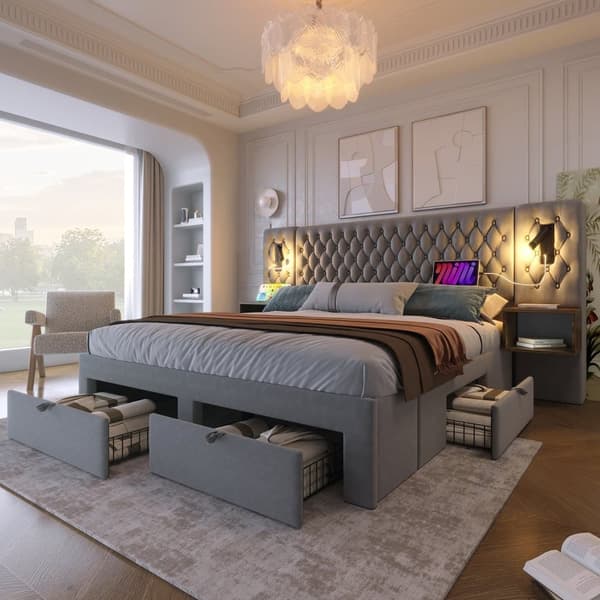 Samettisänky aikuisille 180x200 cm - 2 yöpöytää ja 4 laatikkoa - 2 lukuvaloa USB-liitännällä - harmaa (patja ei sisälly toimitukseen)