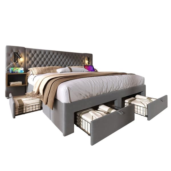 Samettisänky aikuisille 180x200 cm - 2 yöpöytää ja 4 laatikkoa - 2 lukuvaloa USB-liitännällä - harmaa (patja ei sisälly toimitukseen)