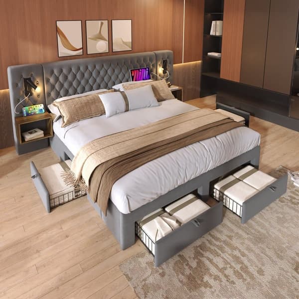 Samettisänky aikuisille 180x200 cm - 2 yöpöytää ja 4 laatikkoa - 2 lukuvaloa USB-liitännällä - harmaa (patja ei sisälly toimitukseen)