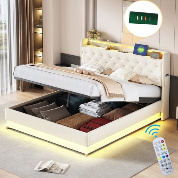 Møbleret sengekiste med LED 160 x 200 cm - med USB-opladningstilslutning - Hørstof - Beige