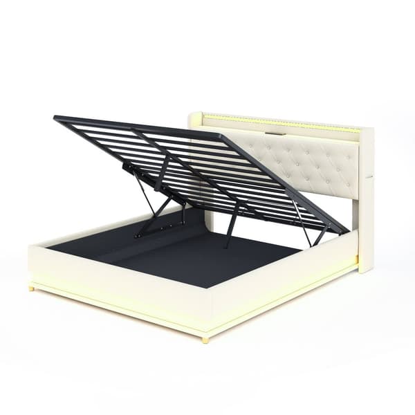 Møbleret sengekiste med LED 160 x 200 cm - med USB-opladningstilslutning - Hørstof - Beige