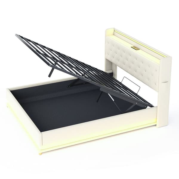 Møbleret sengekiste med LED 160 x 200 cm - med USB-opladningstilslutning - Hørstof - Beige