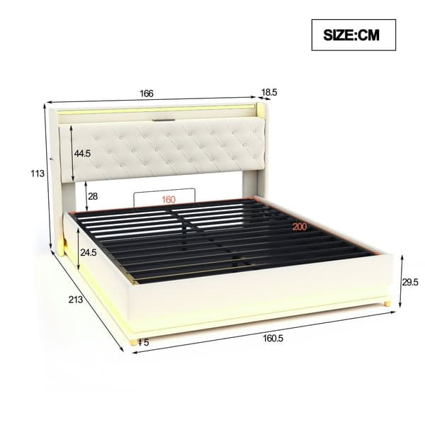Møbleret sengekiste med LED 160 x 200 cm - med USB-opladningstilslutning - Hørstof - Beige
