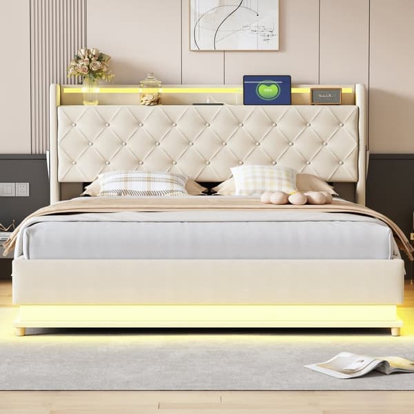 Møbleret sengekiste med LED 160 x 200 cm - med USB-opladningstilslutning - Hørstof - Beige