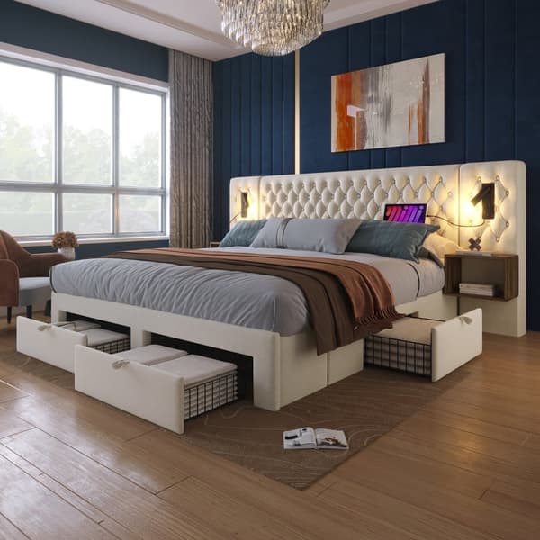 Sammetssäng för vuxna 180x200 cm - med 2 sängbord och 4 lådor - 2 läslampor med USB-anslutning - Beige (madrass ingår ej)