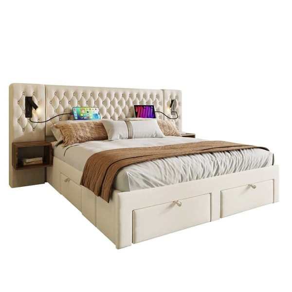 Sammetssäng för vuxna 180x200 cm - med 2 sängbord och 4 lådor - 2 läslampor med USB-anslutning - Beige (madrass ingår ej)