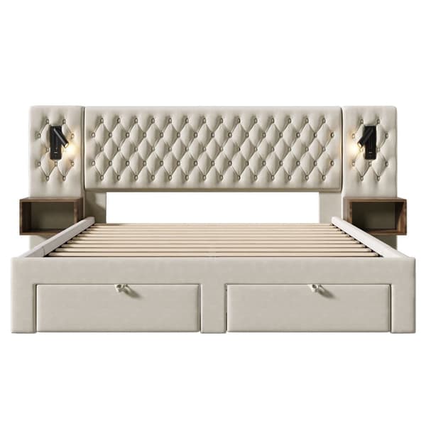 Sammetssäng för vuxna 180x200 cm - med 2 sängbord och 4 lådor - 2 läslampor med USB-anslutning - Beige (madrass ingår ej)