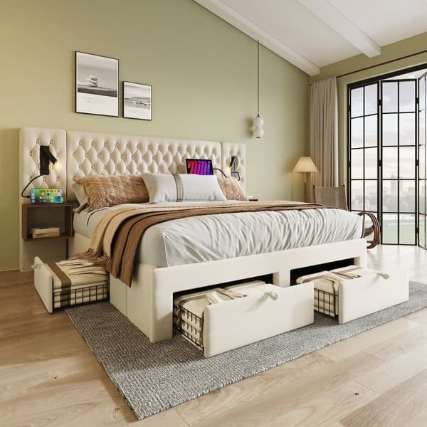 Sammetssäng för vuxna 180x200 cm - med 2 sängbord och 4 lådor - 2 läslampor med USB-anslutning - Beige (madrass ingår ej)