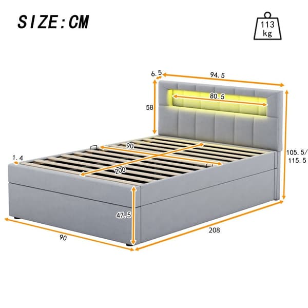 Polstret opbevaringsseng 90x200 cm - med LED-belysning - i velour - grå