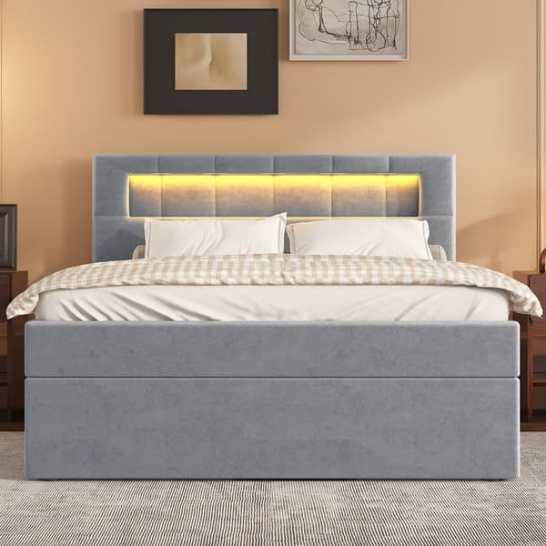 Polstret opbevaringsseng 90x200 cm - med LED-belysning - i velour - grå
