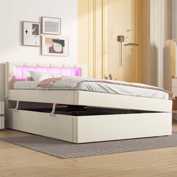 Stoppad förvaringssäng 90x200 cm - med LED-belysning - i sammet - beige