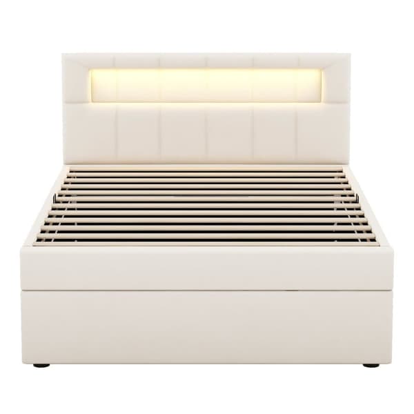 Stoppad förvaringssäng 90x200 cm - med LED-belysning - i sammet - beige
