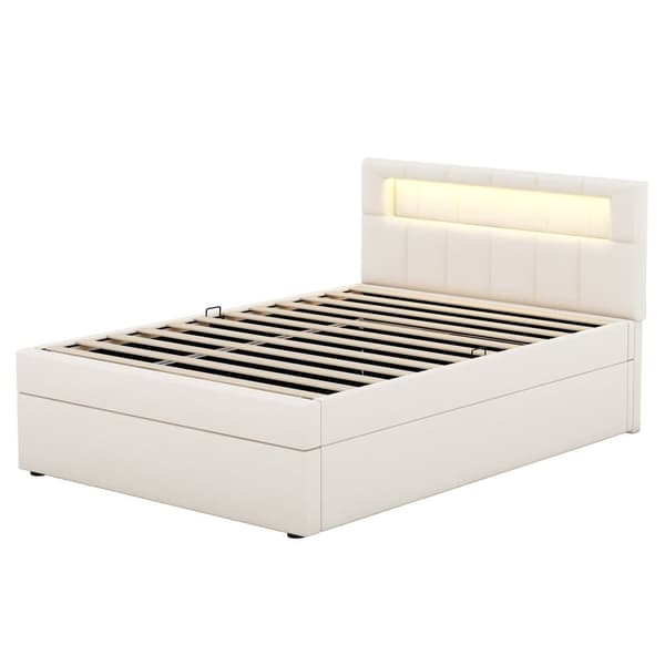 Stoppad förvaringssäng 90x200 cm - med LED-belysning - i sammet - beige
