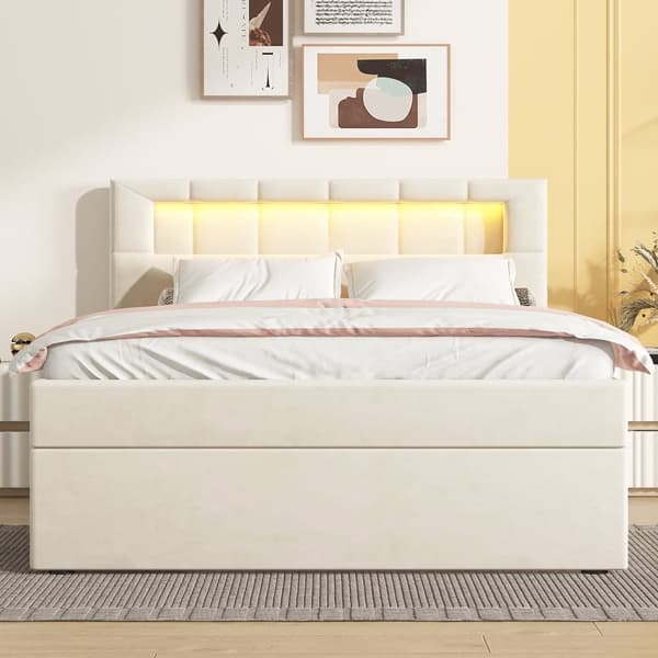 Stoppad förvaringssäng 90x200 cm - med LED-belysning - i sammet - beige