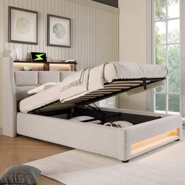 Seng med opbevaringsplads til linned 90x200cm med LED- og USB-tilslutninger - lamelramme - beige