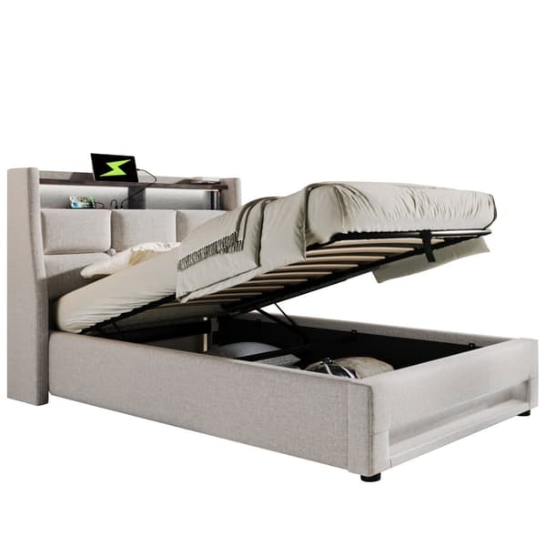 Seng med opbevaringsplads til linned 90x200cm med LED- og USB-tilslutninger - lamelramme - beige