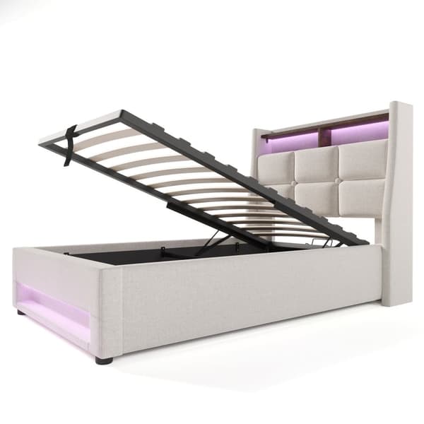 Seng med opbevaringsplads til linned 90x200cm med LED- og USB-tilslutninger - lamelramme - beige