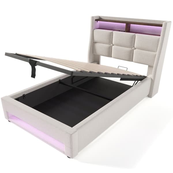 Seng med opbevaringsplads til linned 90x200cm med LED- og USB-tilslutninger - lamelramme - beige