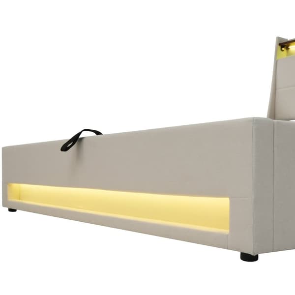 Seng med opbevaringsplads til linned 90x200cm med LED- og USB-tilslutninger - lamelramme - beige