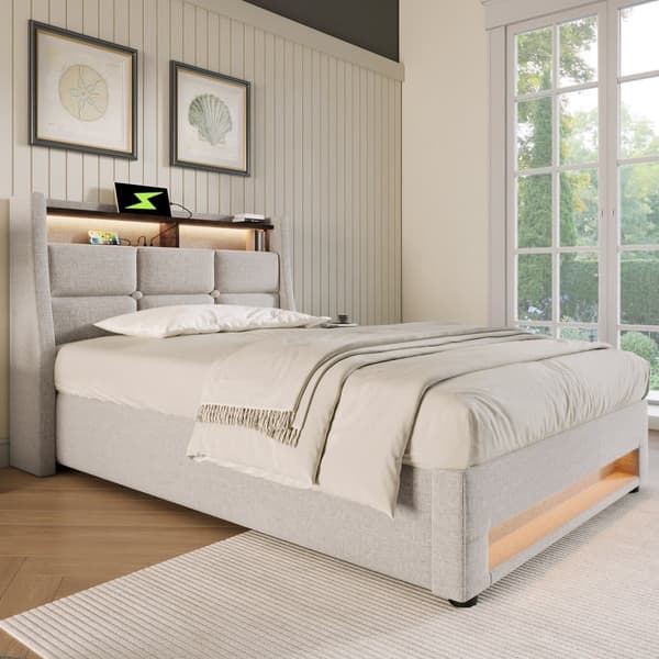 Seng med opbevaringsplads til linned 90x200cm med LED- og USB-tilslutninger - lamelramme - beige