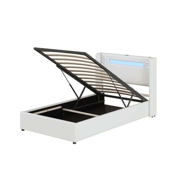Polstret opbevaringsseng i imiteret læder, 90 x 200 cm, med LED, Bluetooth-afspiller og USB-opladningsstik - med lamelramme - hvid