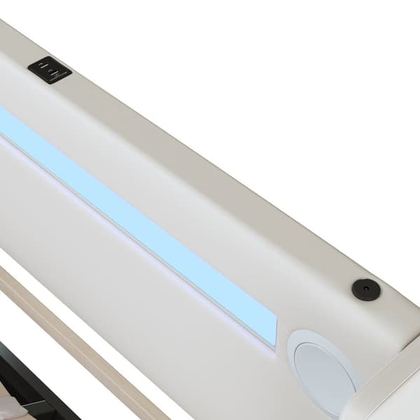 Polstret opbevaringsseng i imiteret læder, 90 x 200 cm, med LED, Bluetooth-afspiller og USB-opladningsstik - med lamelramme - hvid