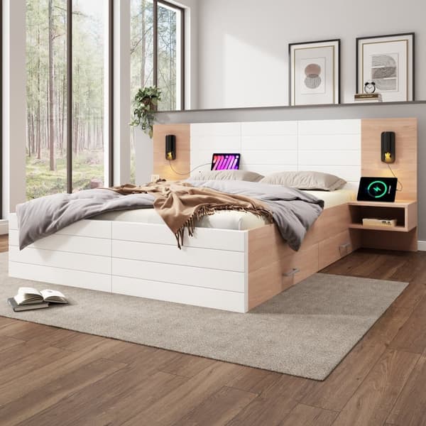 Dobbeltseng 160x200 cm i træ - med 2 natborde og 2 skuffer - 2 drejelige læselamper med USB-tilslutning - hvid og natur (madras medfølger ikke)