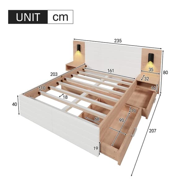 Dobbeltseng 160x200 cm i træ - med 2 natborde og 2 skuffer - 2 drejelige læselamper med USB-tilslutning - hvid og natur (madras medfølger ikke)