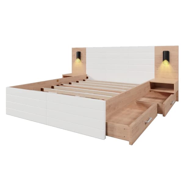 Parivuode 180x200 cm puusta - 2 yöpöytää ja 2 laatikkoa - 2 pyörivää lukuvaloa USB-liitännällä - valkoinen ja luonnollinen