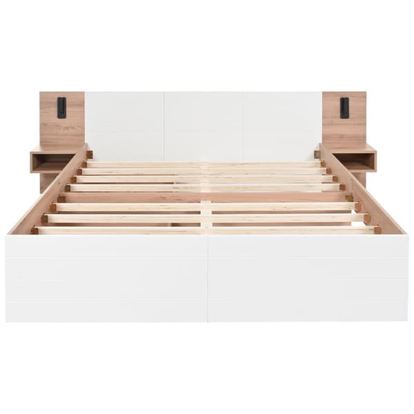 Parivuode 180x200 cm puusta - 2 yöpöytää ja 2 laatikkoa - 2 pyörivää lukuvaloa USB-liitännällä - valkoinen ja luonnollinen
