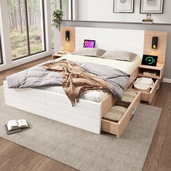 Parivuode 180x200 cm puusta - 2 yöpöytää ja 2 laatikkoa - 2 pyörivää lukuvaloa USB-liitännällä - valkoinen ja luonnollinen